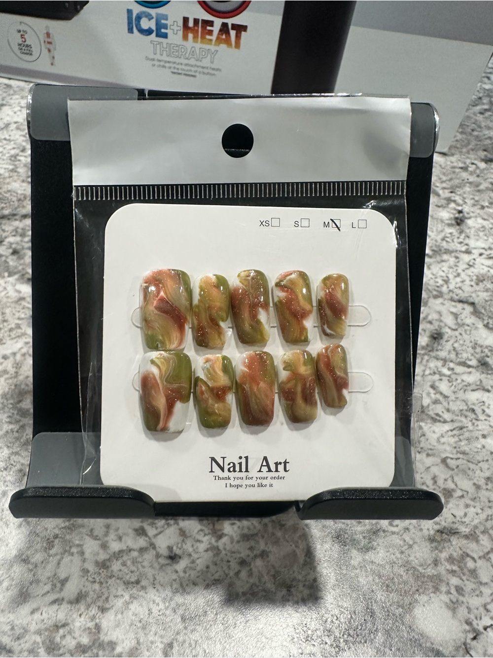 Marble Swirl Press-On Nail Set in Olive Green & Copper